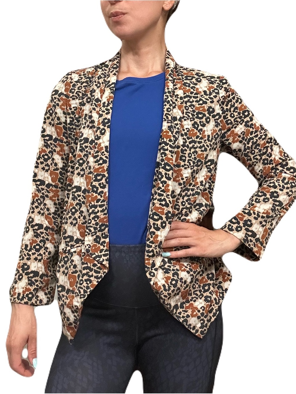 Lush Leopard Print Open-Front Blazer in Brown Black Cream